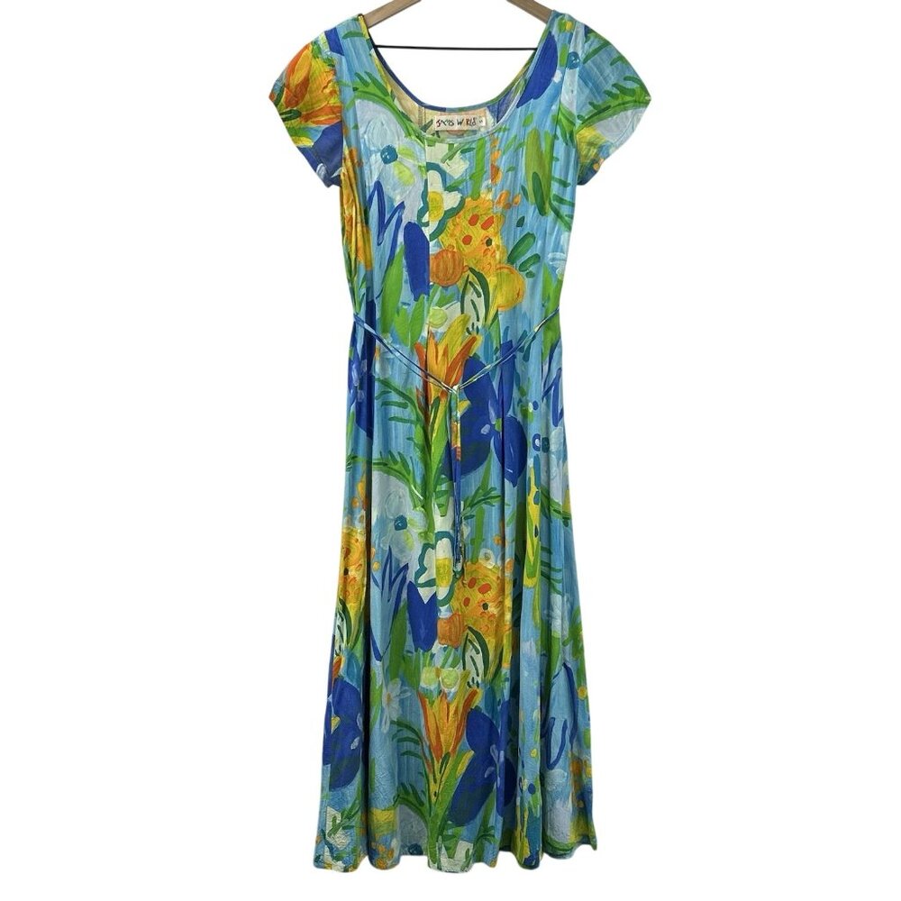 Vintage Jams World Maxi Belted Jubilee Dress Womens Small Floral Artistic Print
